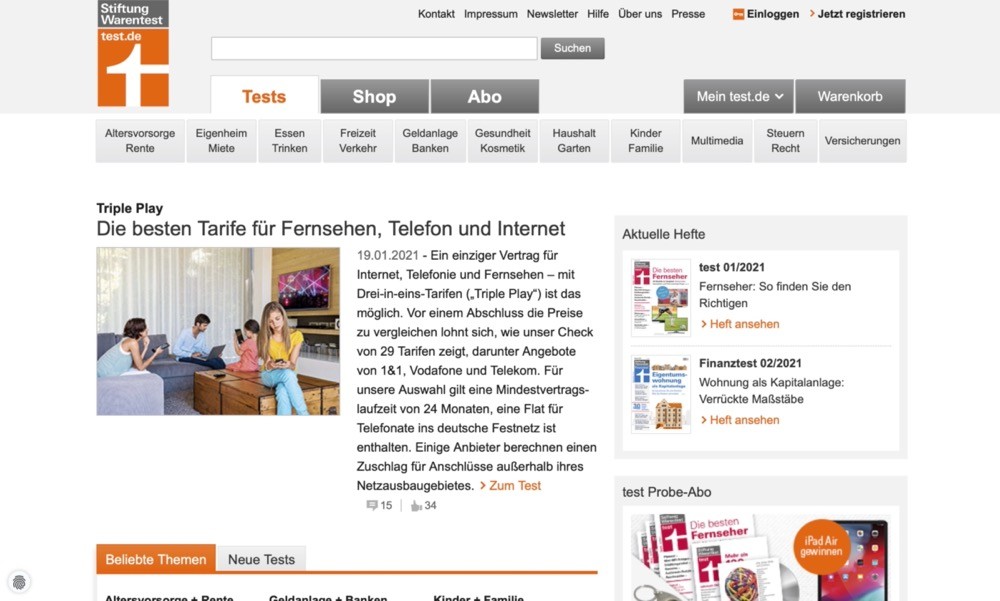 Screenshot der Marke Stiftung Warentest